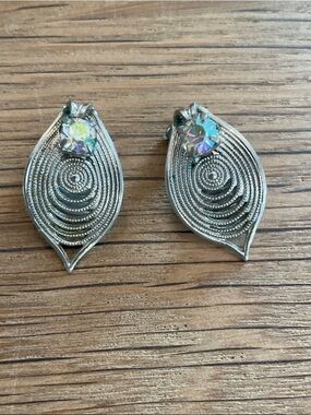 Vintage Silver Tone Spiral Leaf Drop Clip On Earrings with Aurora Crystal